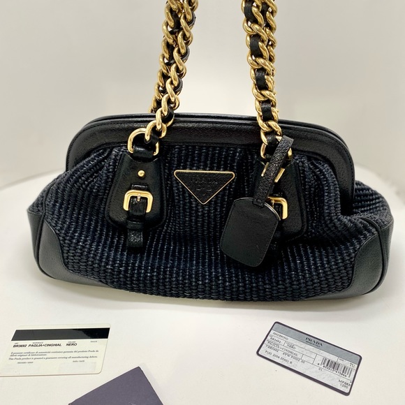 Prada Handbags - Prada Black Leather Straw Chain Paglia Handbag